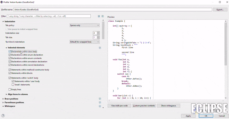 Eclipse Code Style Editor